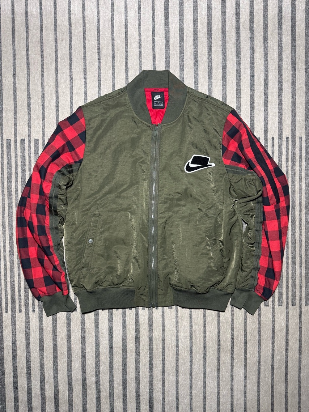 Nike Sportswear NSW Buffalo Plaid Bomber Jacket - Olive/Red - Men's L